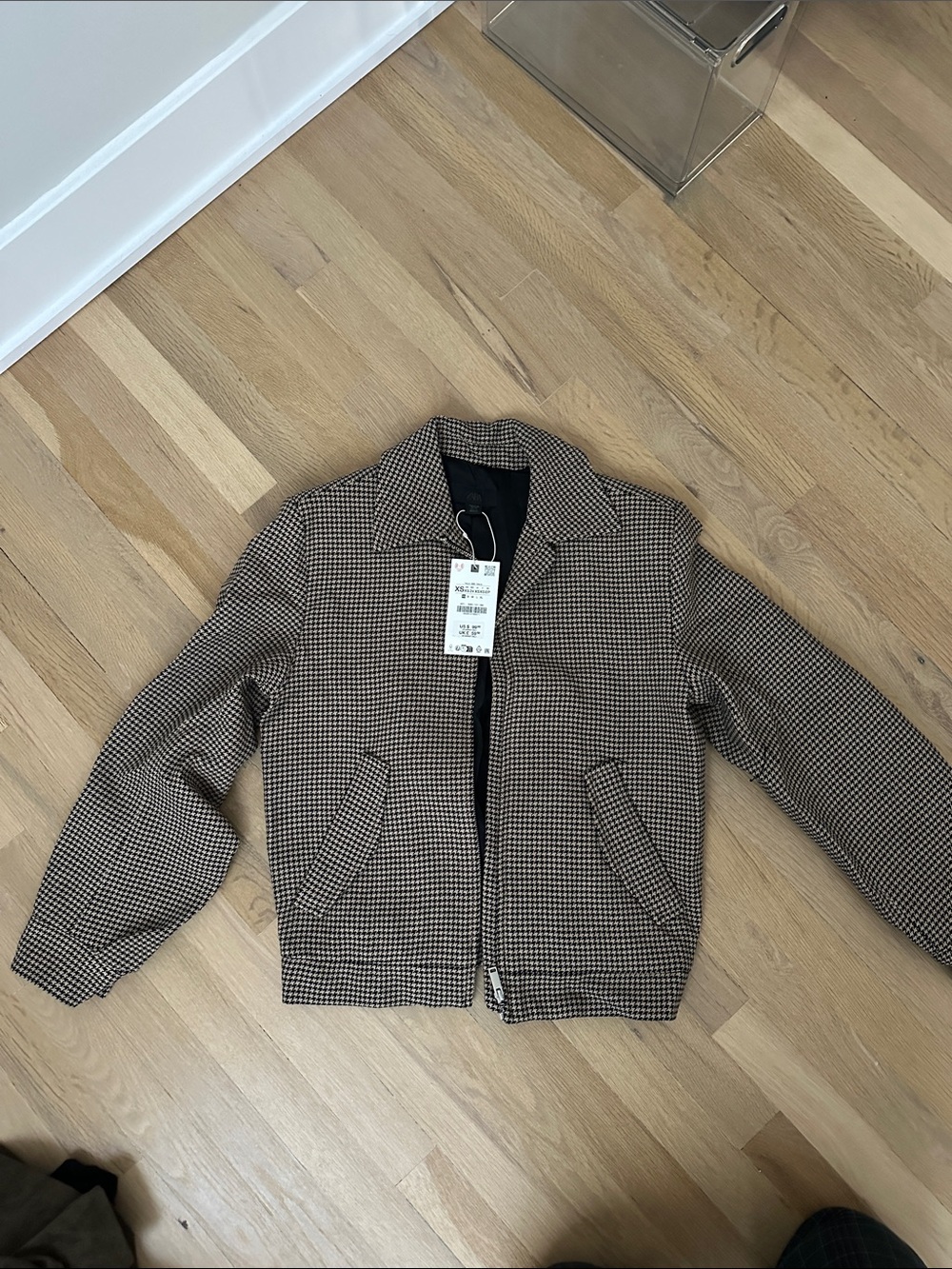 Zara Black & Brown Houndstooth Bomber Jacket